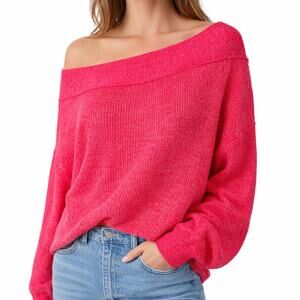 Free People Alana Linen Blend Cable Knit Off Shoulder Sweater Red MEDIUM